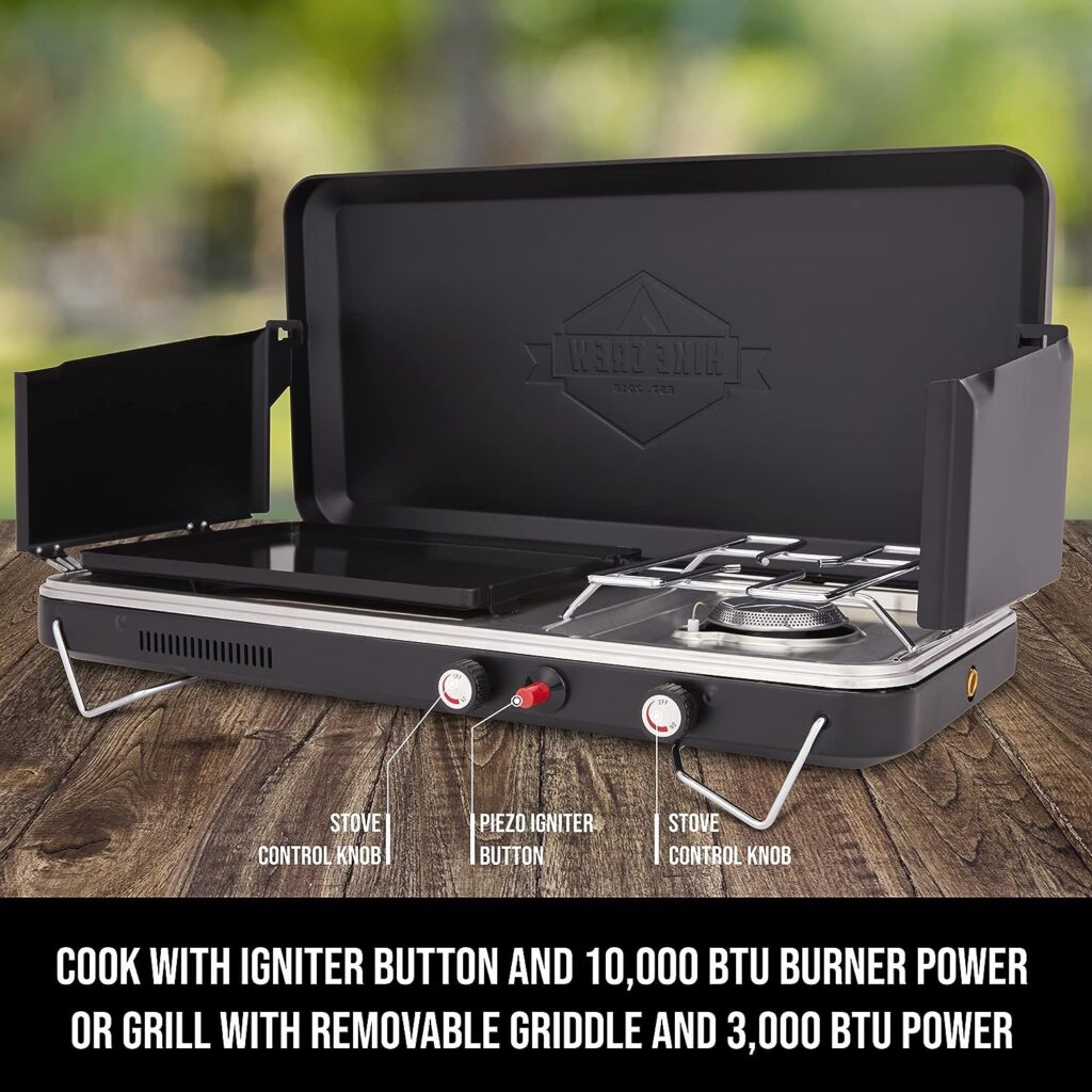Hike Crew 2-in-1 Gas Camping Stove | Portable Propane Grill/Stove Burner w/Integrated Igniter  Stainless Steel Drip Tray | Built-in Carrying Handle, Foldable Legs  Wind Panels | Includes Regulator